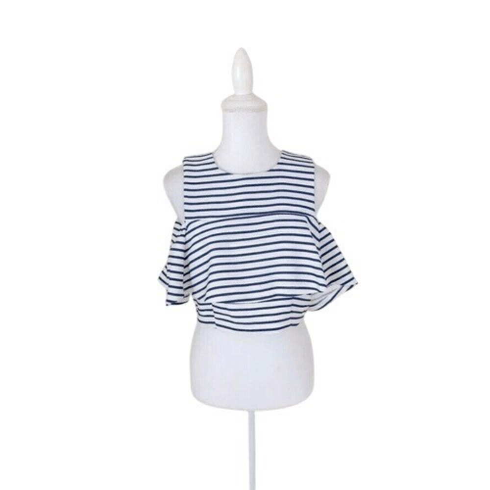 JOA White Navy Blue Striped Crop Top Cold Shoulder Ruffle Size‎ Large